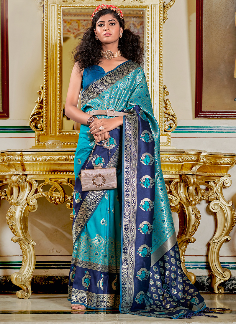 Sky Blue Banarasi Silk Saree With Royal Border Pattu – Tulsi Designer