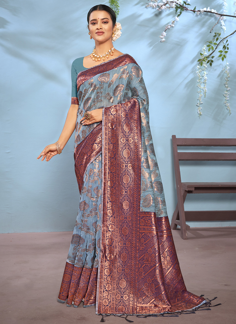 Sky Blue Silver Handwoven Linen Jamdani Saree With Zari Border & Tassels -  S031704032 | Blue silk saree, Rajasthani dress, Saree look