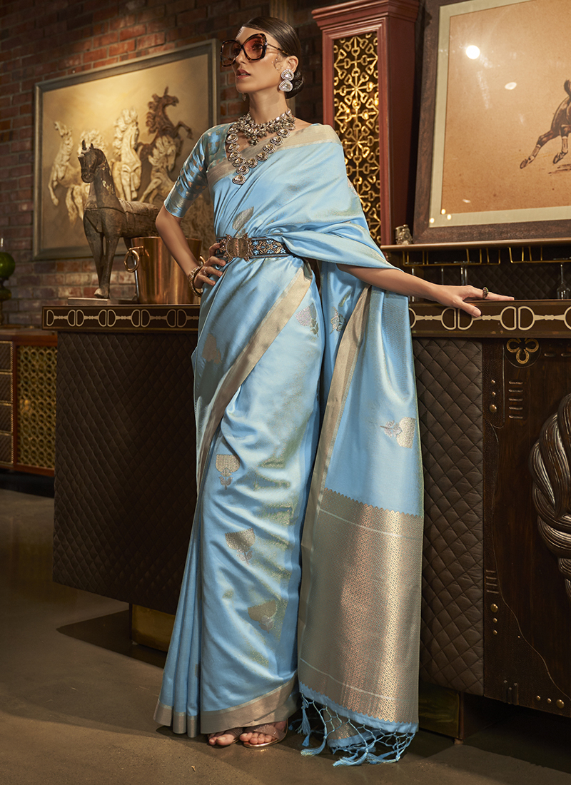 Buy Sky Blue Kanjivaram Soft Silk Saree Online