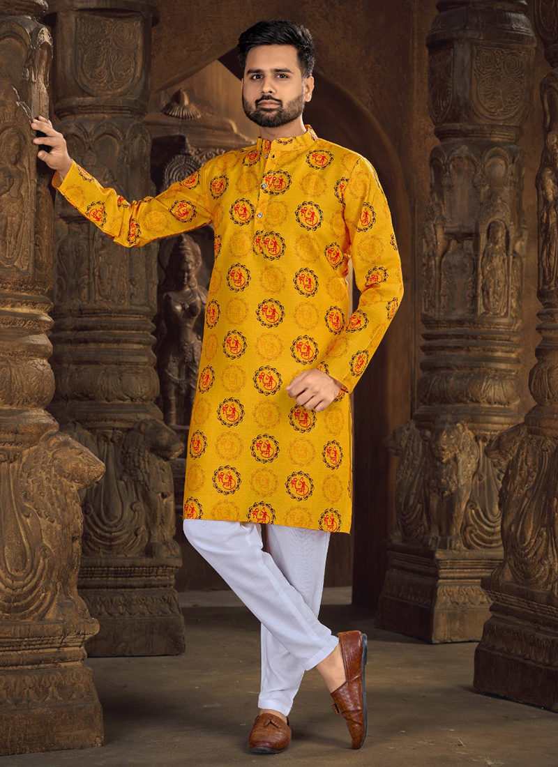 Buy Stylish Yellow Digital Printed Cotton Slub Haldi Wear Kurta