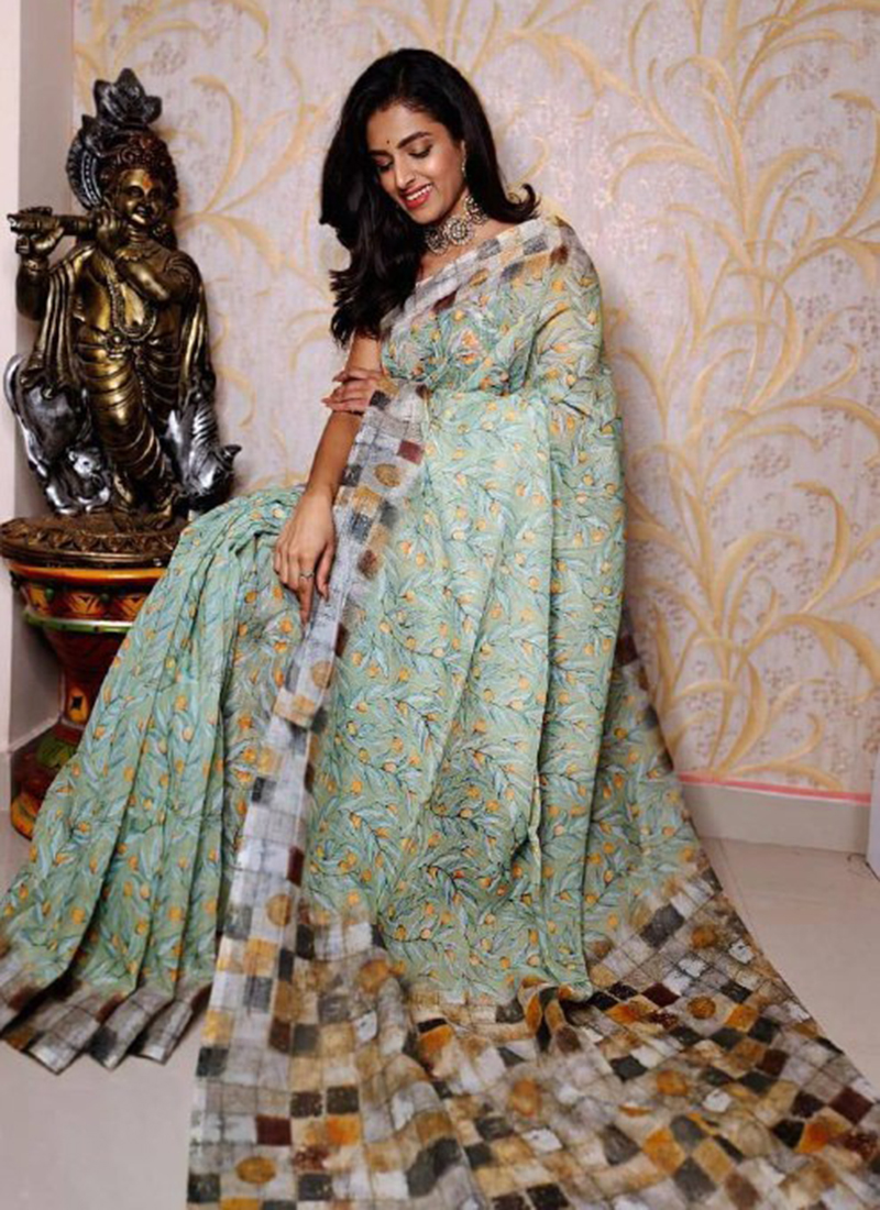 Ikkat Style Soft Linen Printed Saree with Matching Blouse -Style Array