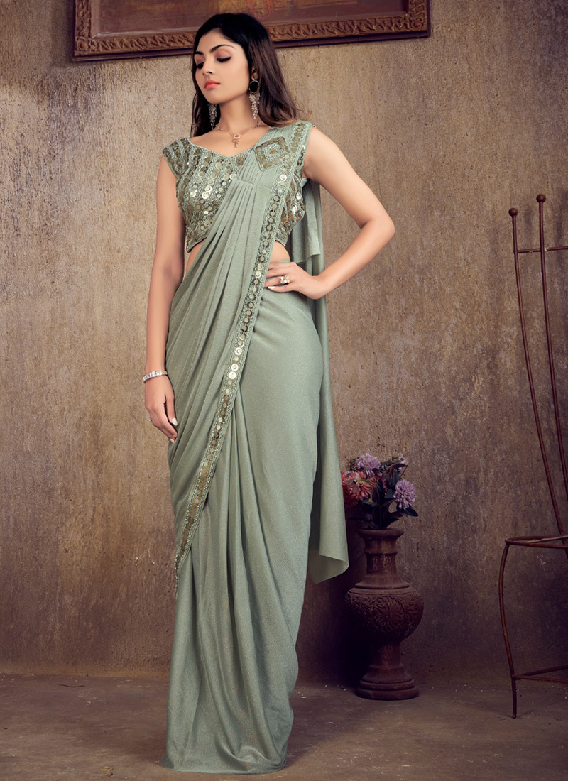 Stylish Pista Green Designer Wedding Georgette with Lacy Blouse Saree for  Girls