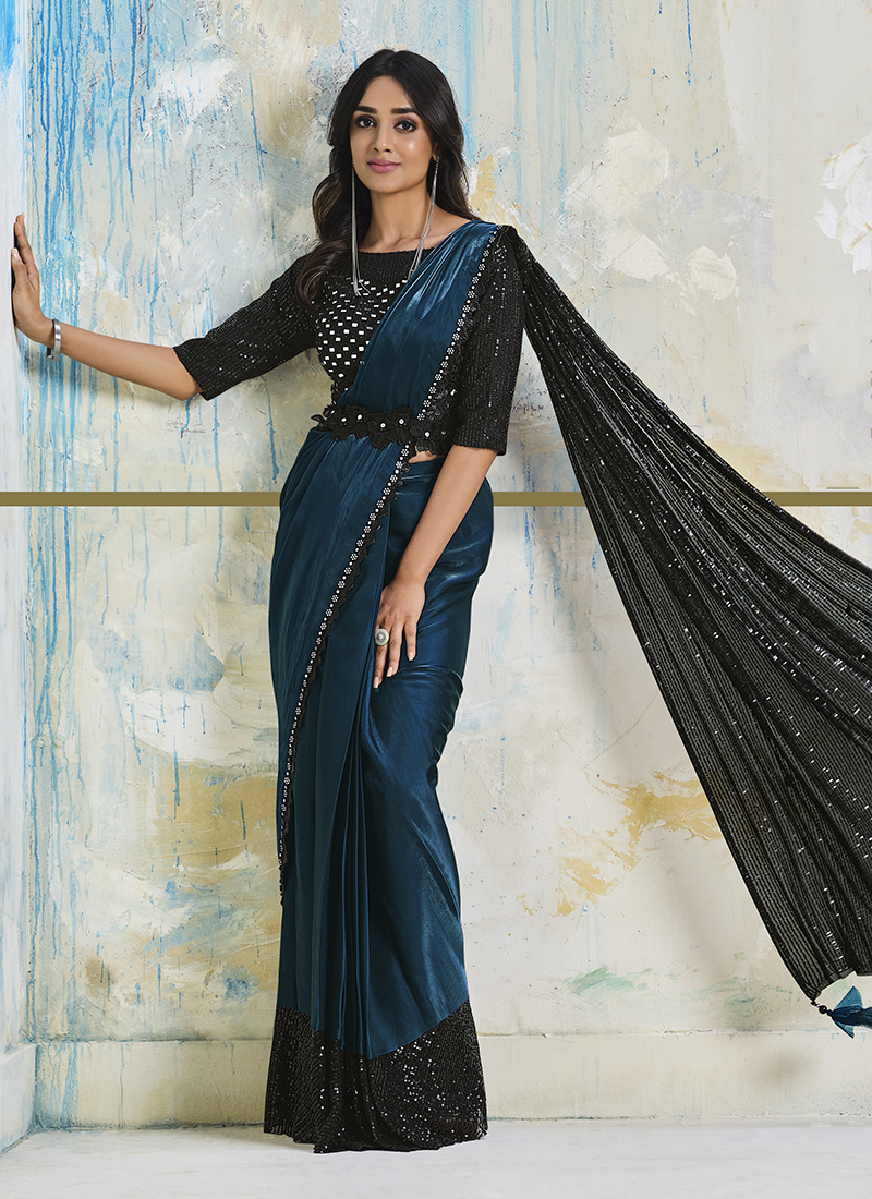 Buy Teal Sequinned Work Satin Silk Crepe Ready To Wear Saree (Blouse 36 to  42) Online
