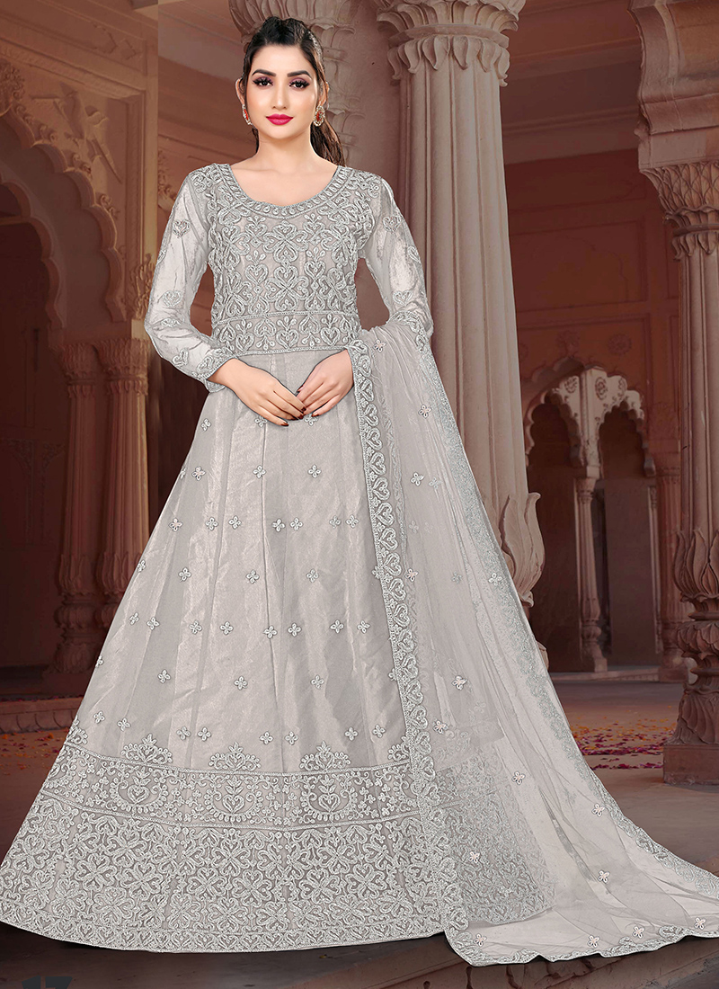 Shop Grey Embroidered Net Anarkali with Heavy Dupatta Online In USA – Pure  Elegance