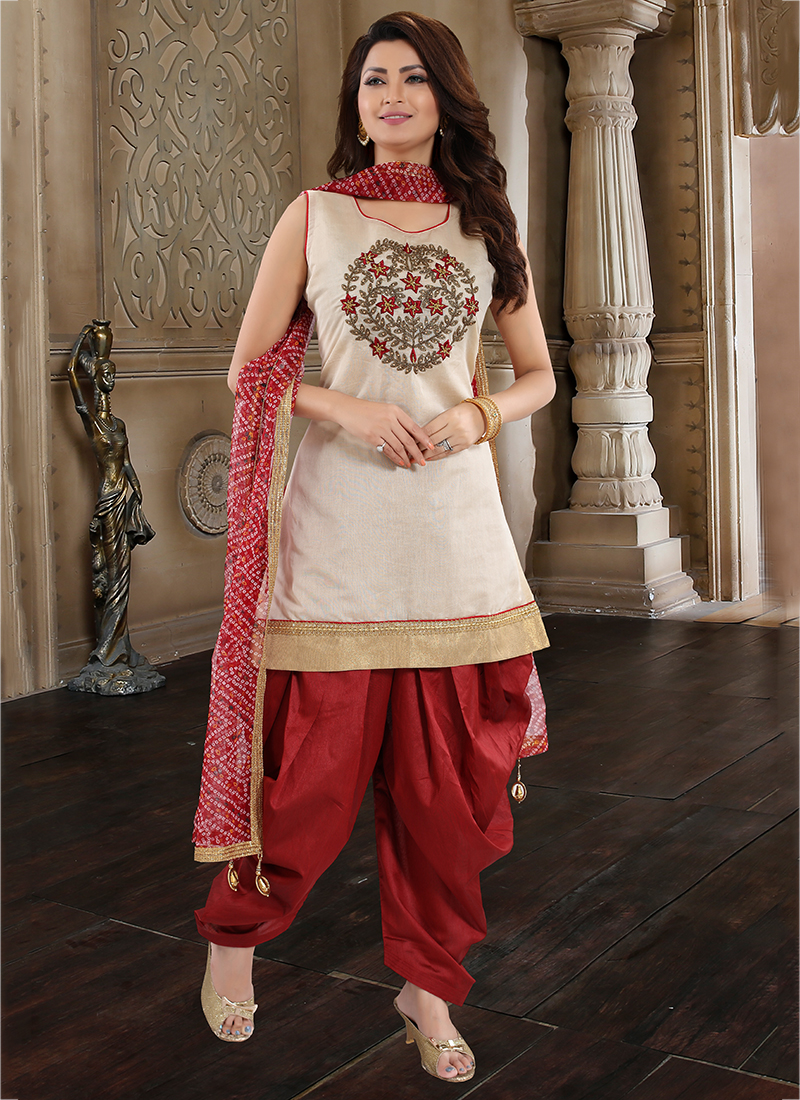 Zardosi Pure Chanderi Cotton Pakistani Suit in Red : KWU59