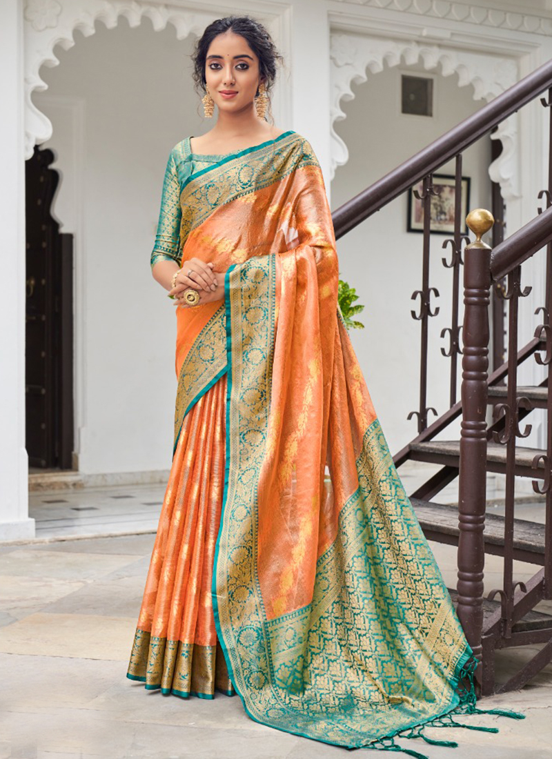 Orange Green Handloom Light Weight Kanjeevaram Pure Silk Saree - Prasiddhi  Silks