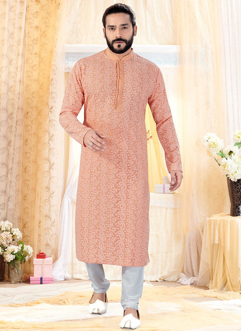 Buy Traditional Wear Peach Georgette Lucknowie Weaving Work Kurta