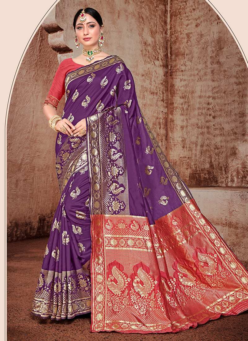 Arresting Purple Banarasi Silk Saree With Grovvy Blouse Piece – digisilk