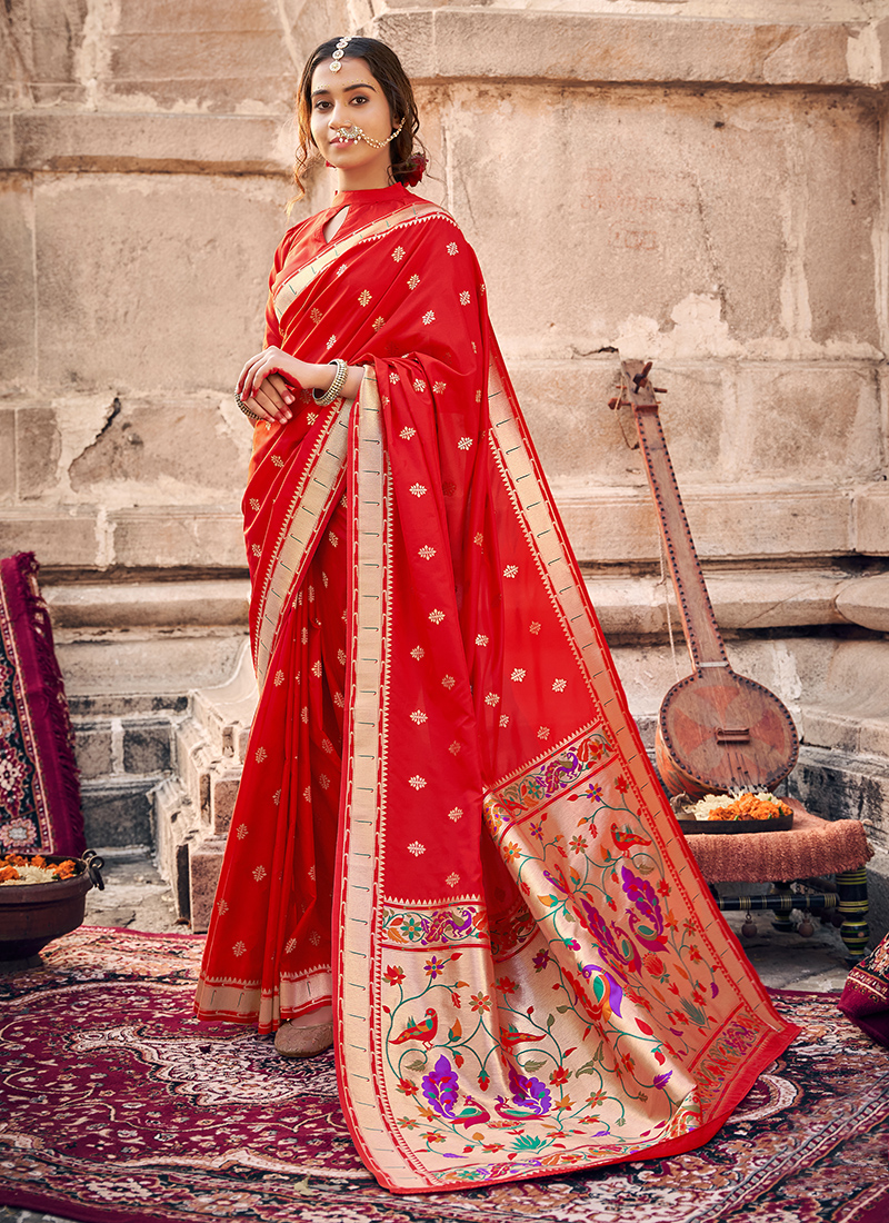 Red Soft Banarasi Silk Saree|Buy Now Zaree Weave Saree At Best Rates|Jhakhas