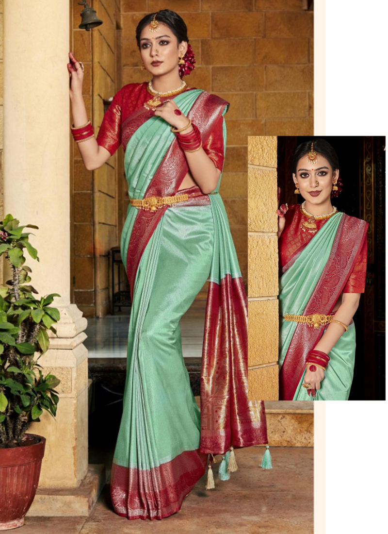 Turquoise Pearl Blue Zari Woven Kanjivaram Silk Saree – MySilkLove