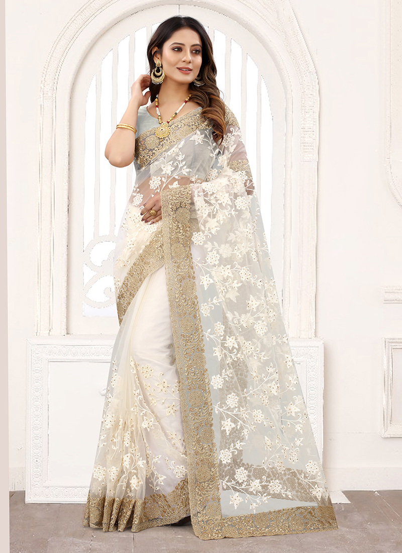 Buy Wedding Wear Beige Net Resham Work Saree Online