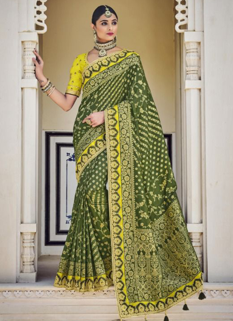 Forest Green Embroidery Designer Banarasi Dola Silk Saree – MySilkLove