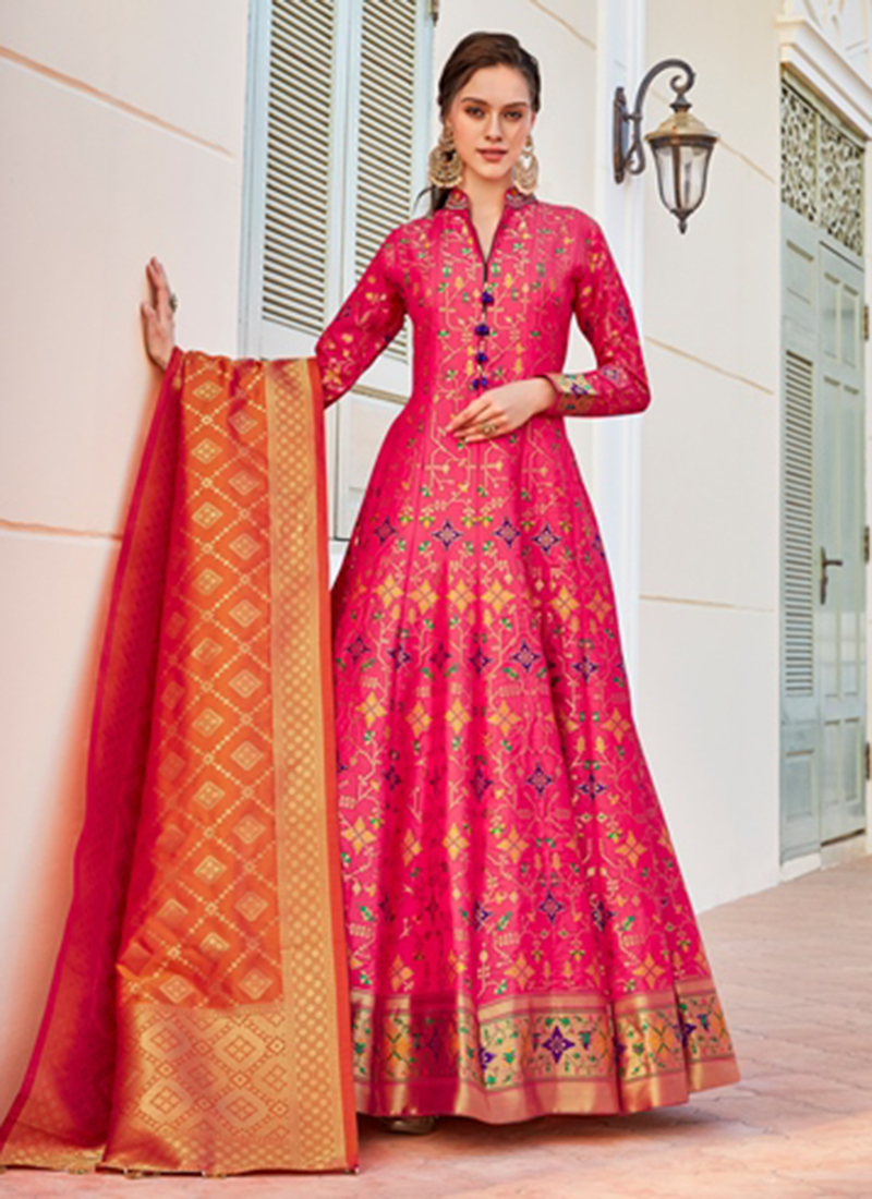 Buy Astonishing Red Zari Weaving Banarasi Silk Festival Wear Gown - Zeel  Clothing