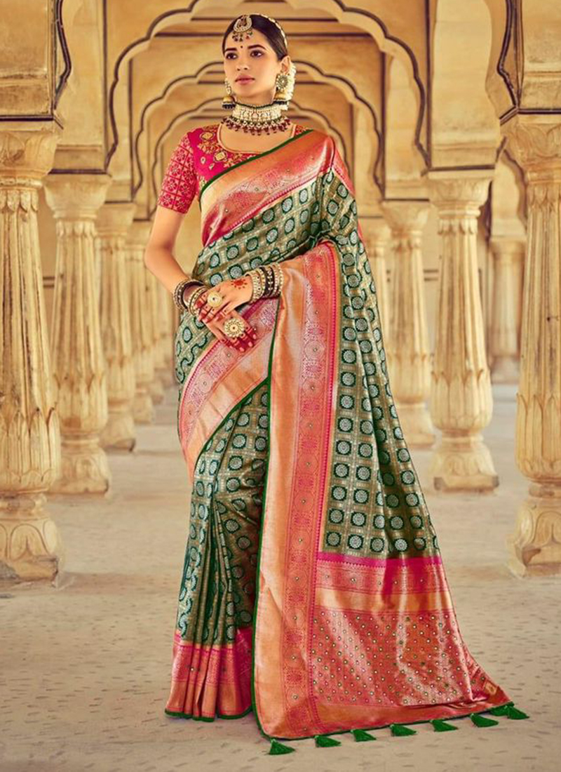 Rama Green Khatli Work Silk Designer Saree