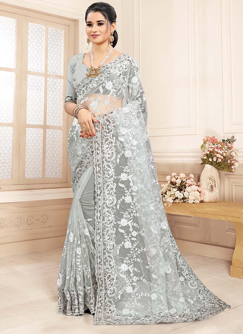 Wedding Sarees : Grey net heavy embroidered and stone work ...