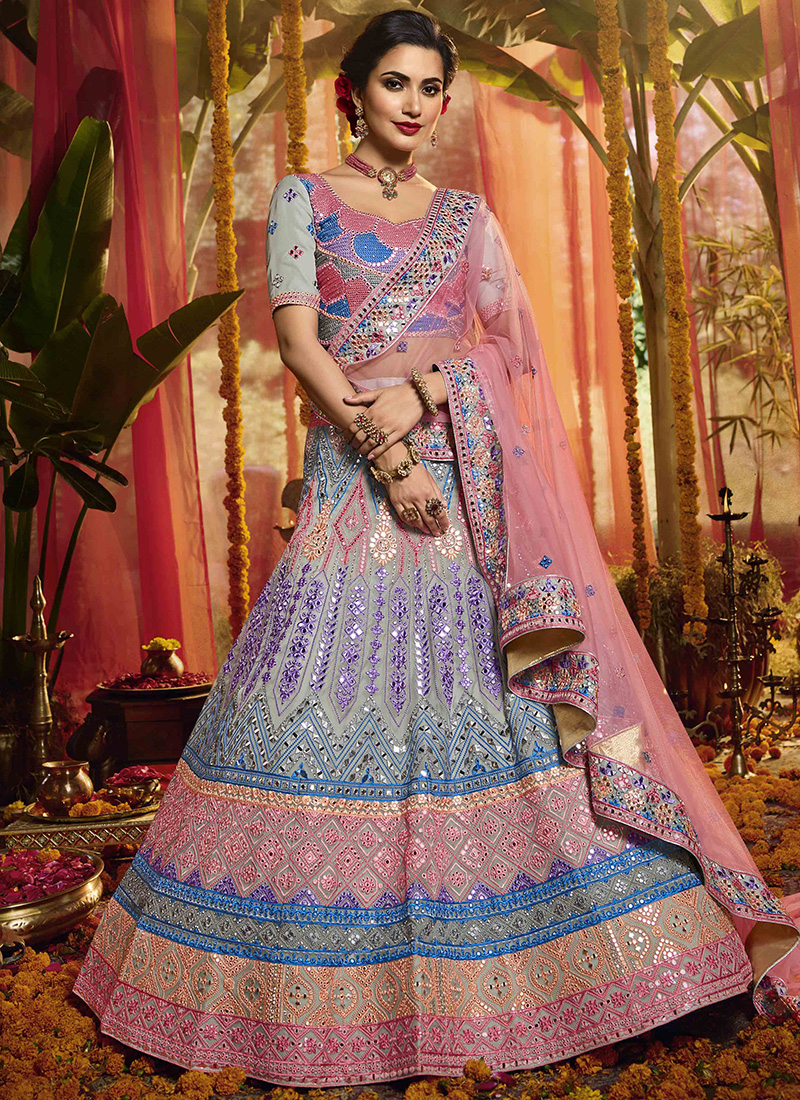 Velvet Thread Work A Line Bridal Lehenga Choli In Pink