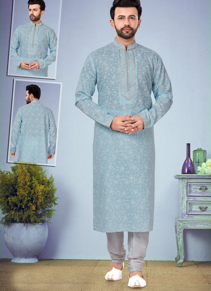 Buy Wedding Wear Light Blue Printed Cotton Silk Fancy Kurta Pajama