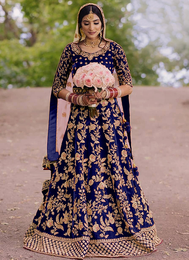 Navy blue hotsell velvet bridal lehenga