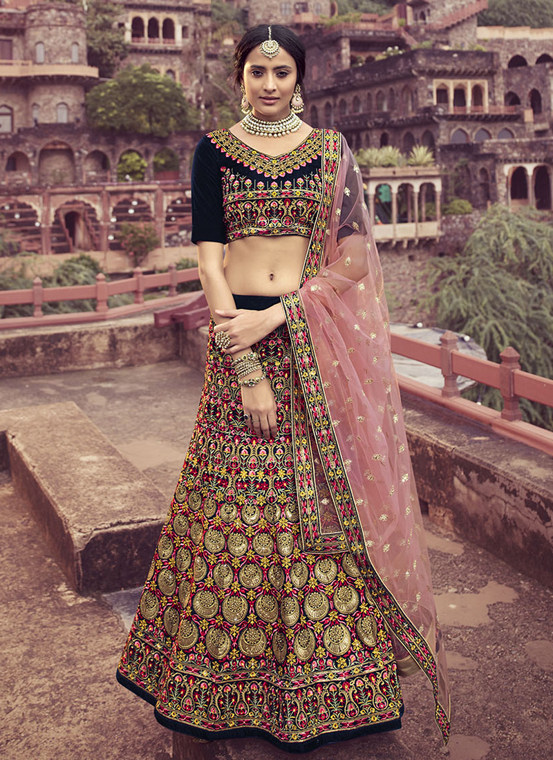 Navy blue hotsell velvet lehenga choli