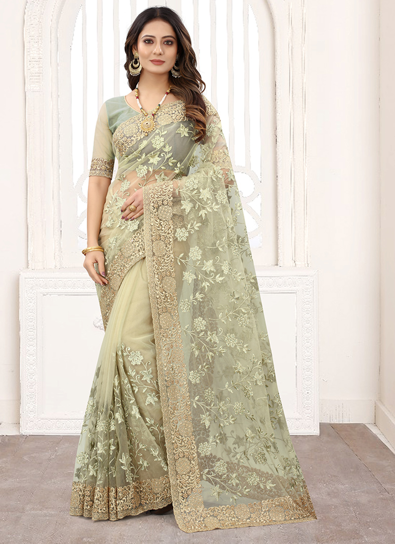 Buy Wedding Wear Pista green Net Resham Work Saree Online