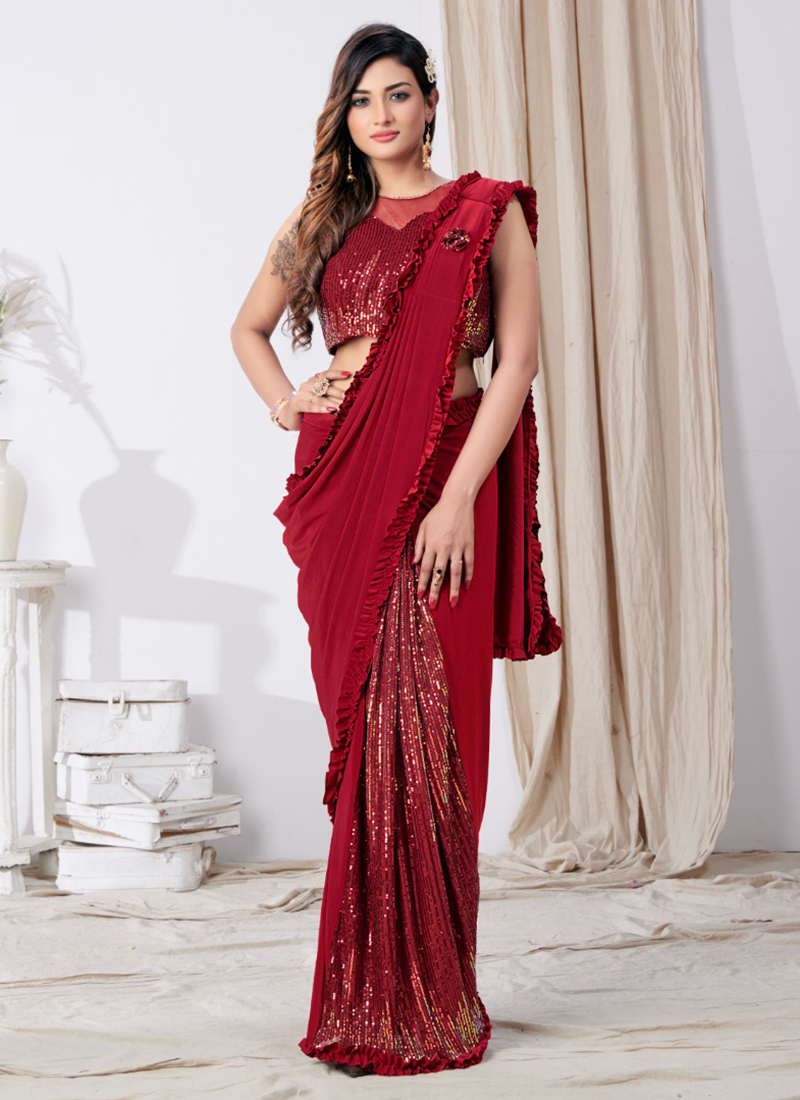 Buy Wedding Wear Red Lycra Sequins Work Readymade Saree (Blouse