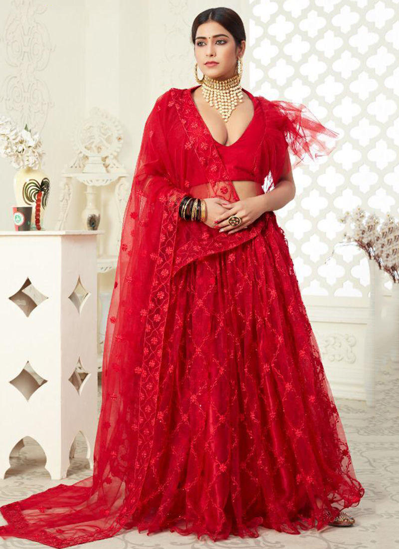 Buy Bollywood Katrina Kaif inspired red silk wedding lehenga choli in UK,  USA and Canada