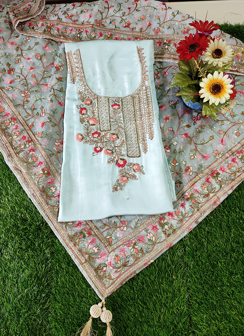 Buy Wedding Wear Cream Upada Silk Embroidery Work Dress Material Online