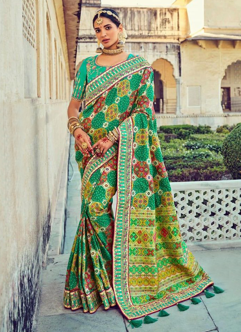 wedding wear teal green pure silk mirror khatli work saree 169405