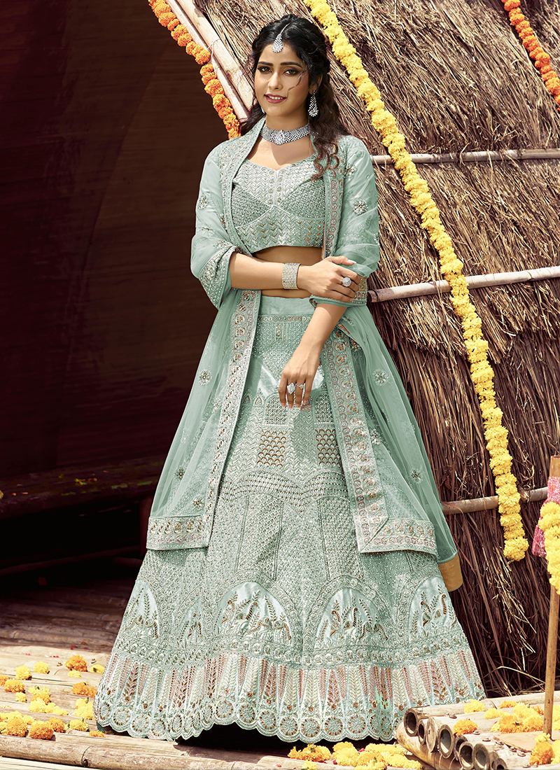 Glittery Turquoise Color With Fairy Look lehenga blouse design