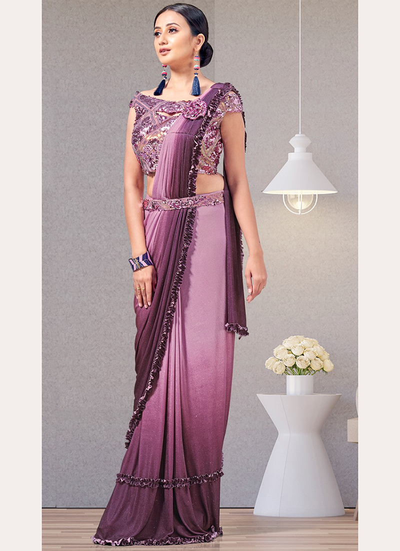 Cream Designer Lycra Ready To Wear Saree | Half saree designs, Saree gown,  Elegant saree