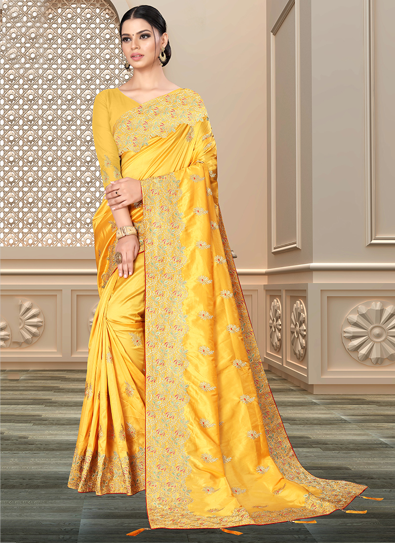 Banarasi Silk Yellow and Red Handwork Bridal Saree Online Shopping – Sunasa