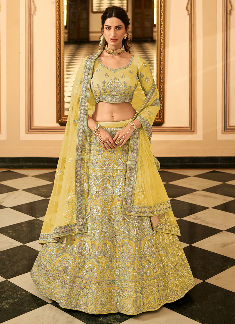 Organza Resham Work Lehenga Choli In Mustard Colour