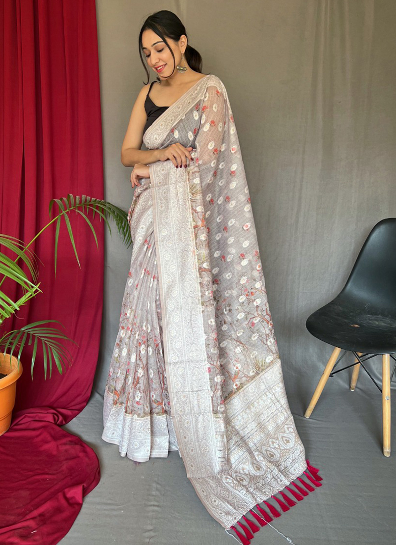 White pure linen saree - Andloo