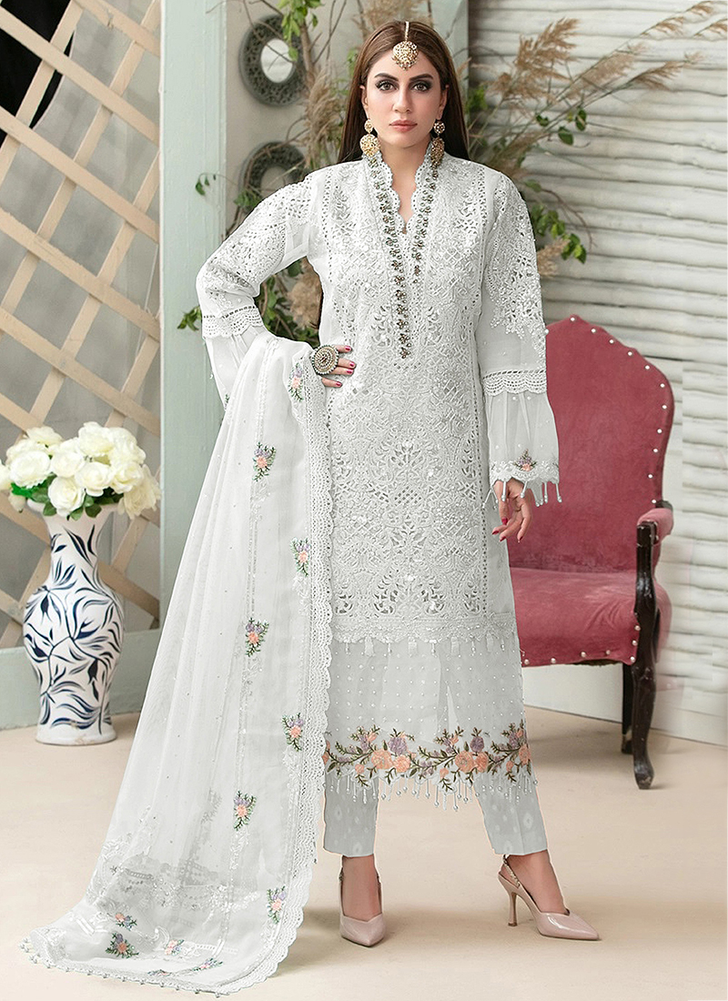Buy White Embroidery Work Net Pakistani Suit Online
