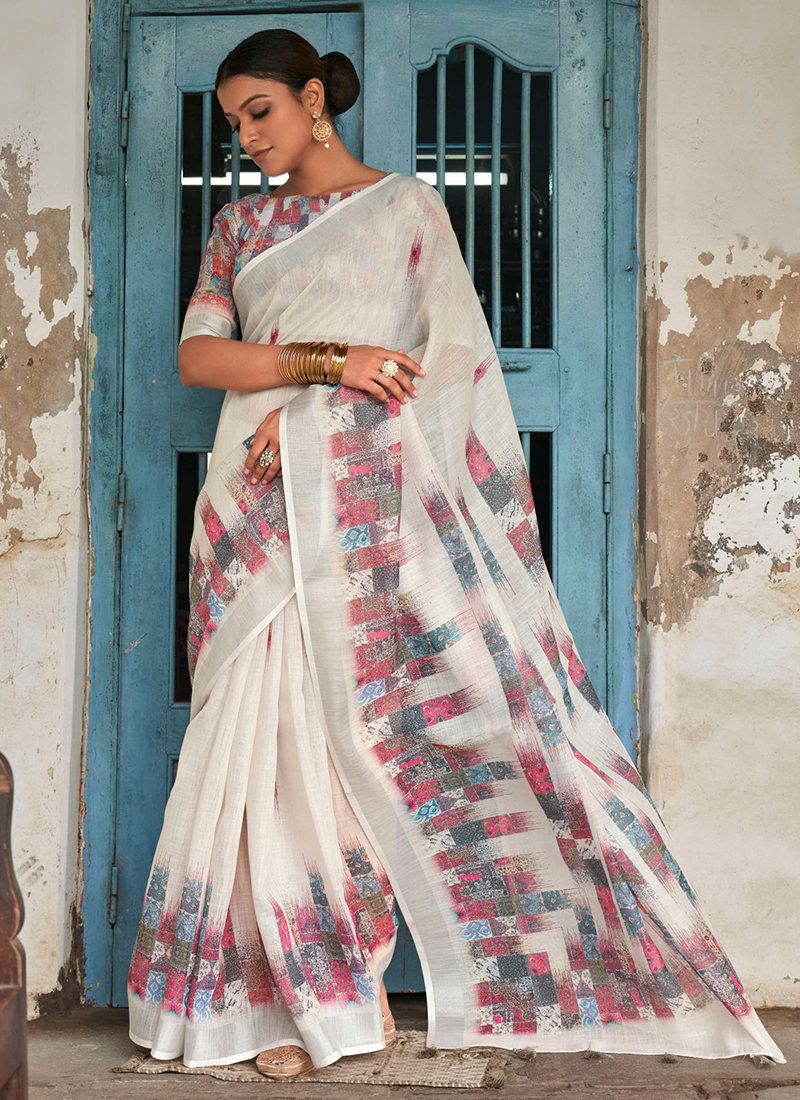 Buy White Printed Nylon Saree Online