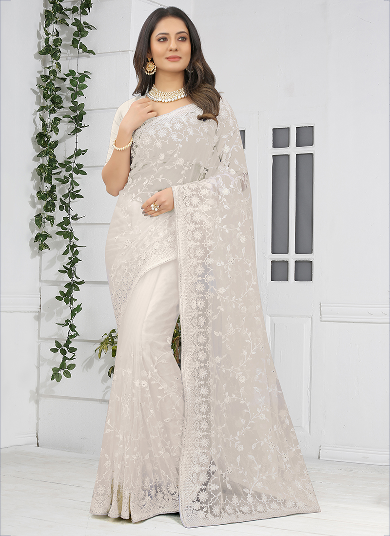 Georgette Stone Saree in White