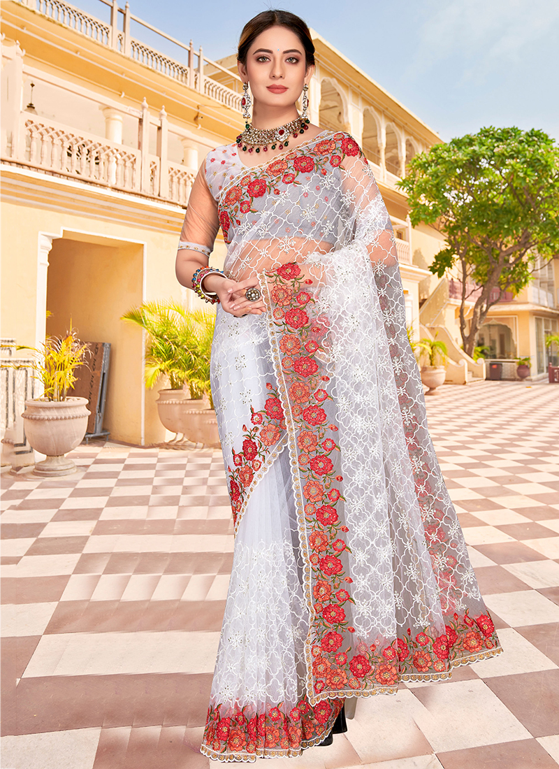Buy White Silk Wedding Saree With Resham Work Online - SARV05368