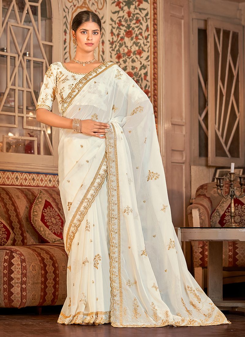 Buy Off White Color Zari Bordered Organza Silk Saree With Blouse Piece  43079/2 | FFAB