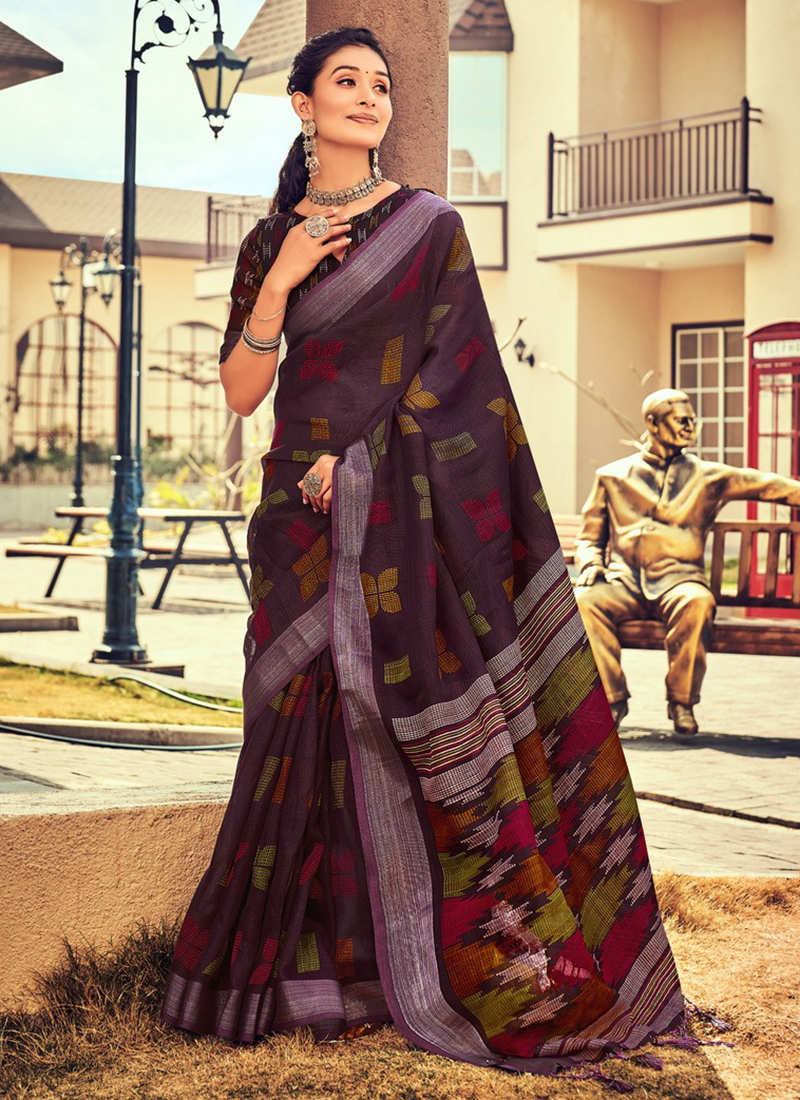 Digital Printed Linen Saree in Off White : SPF6914