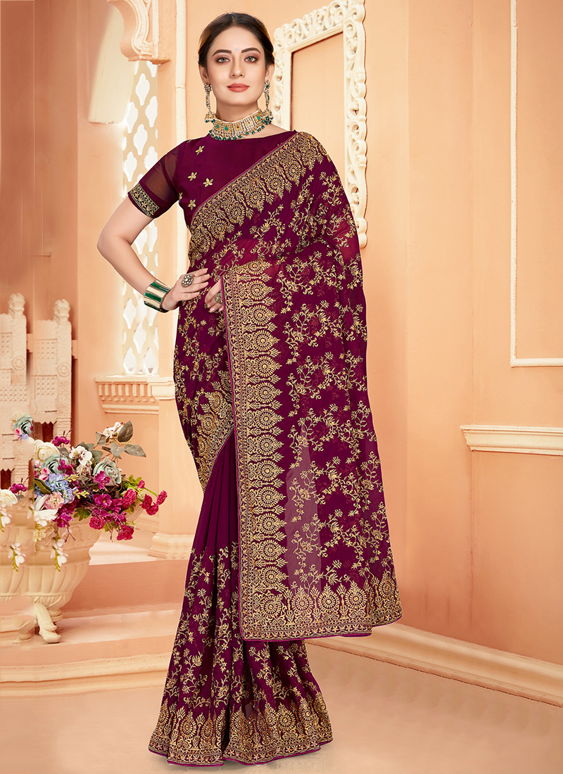 Black Georgette Saree With Floral Self Embroidery And Stones at Soch