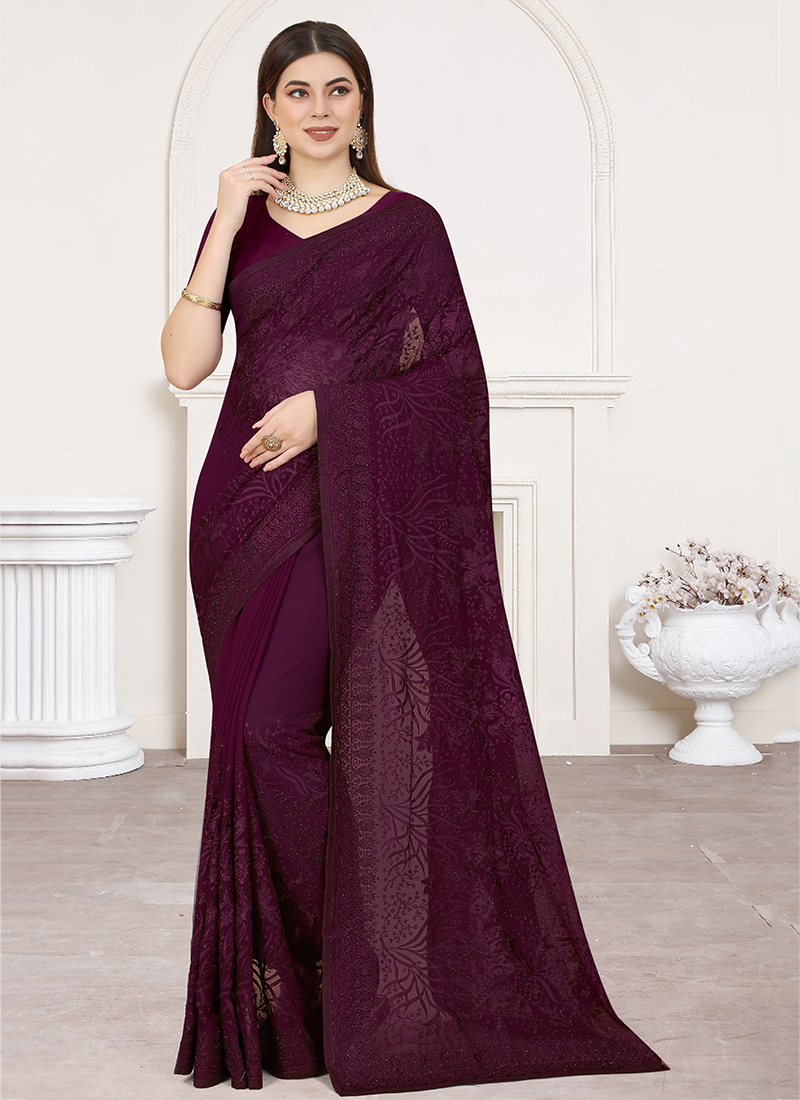 Wine Purple Chevron Pattern Sequins Georgette Saree with Pearl Work La –  Fabcurate