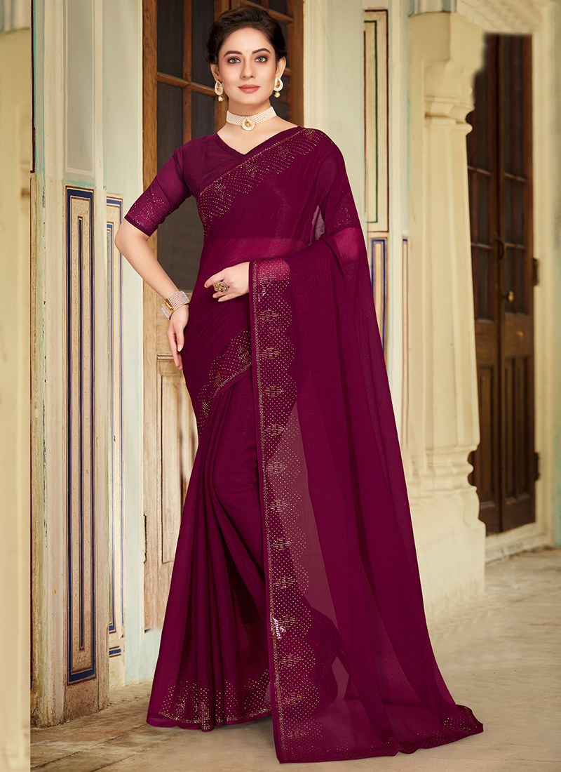 wine swarovski work shimmer chiffon designer saree 181832