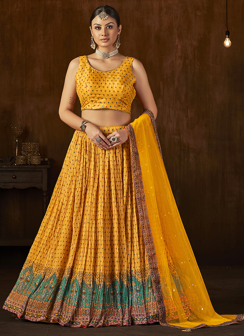 Buy Aqua Mirror Work Soft Silk Ready To Wear Lehenga Choli Online