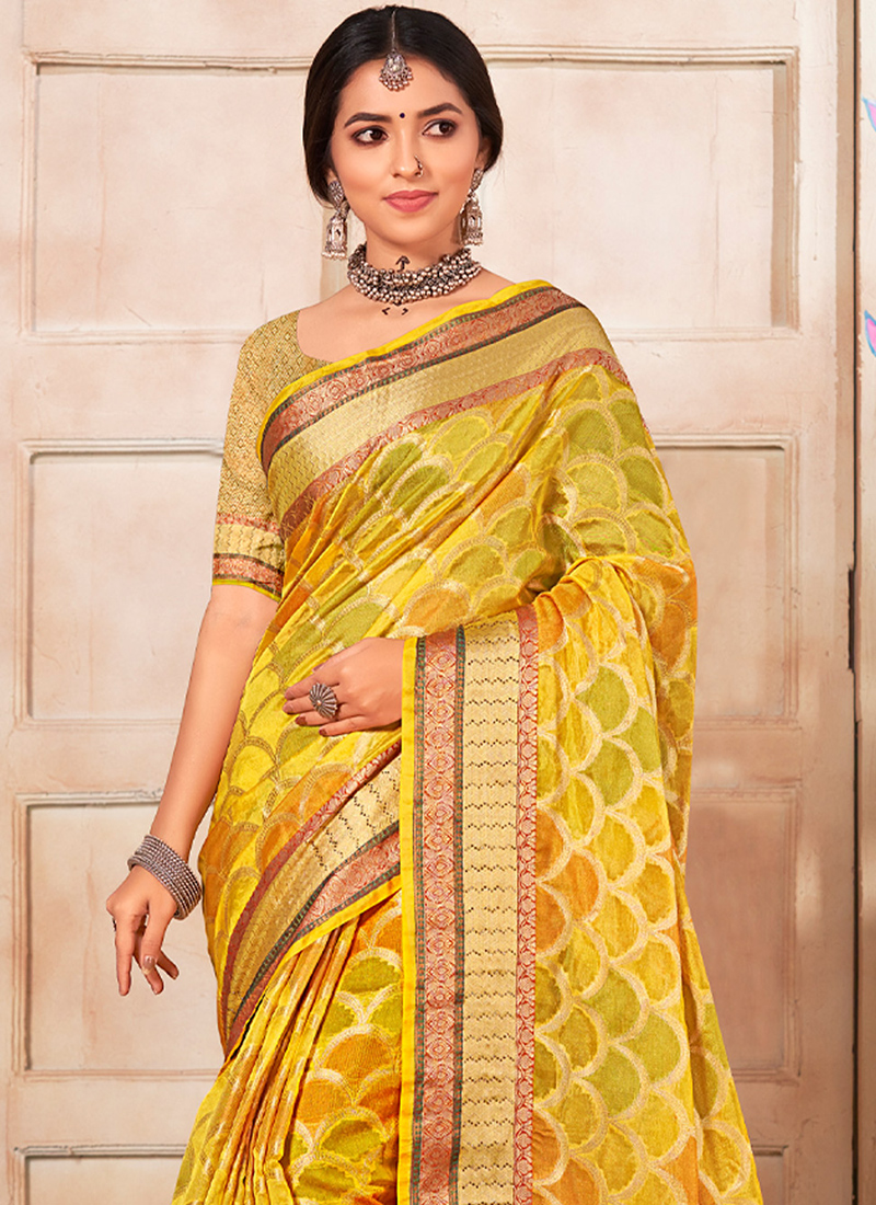 Yellow Floral Hand-Painted Saree