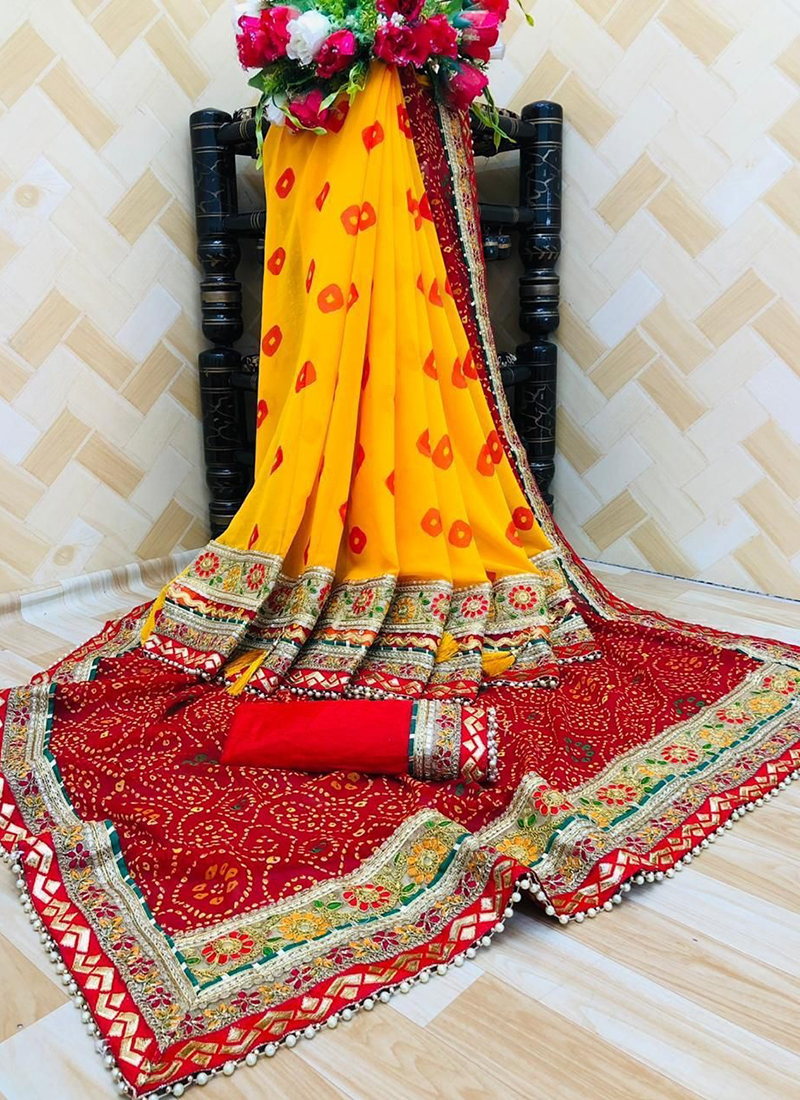 Red-Orange Silk Bandhani Saree Set Design by Faabiiana at Pernia's Pop Up  Shop 2024