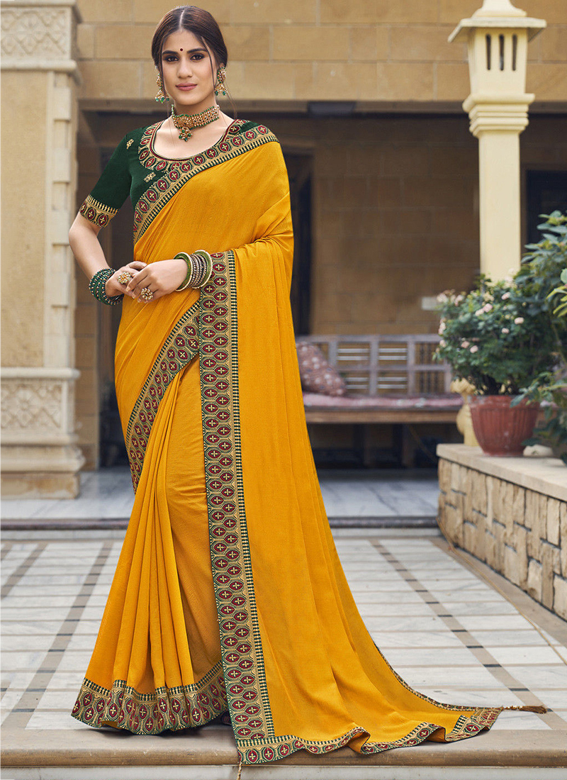 Yellow Embroidered Heavy Border Saree With Blouse Latest 2740SR11