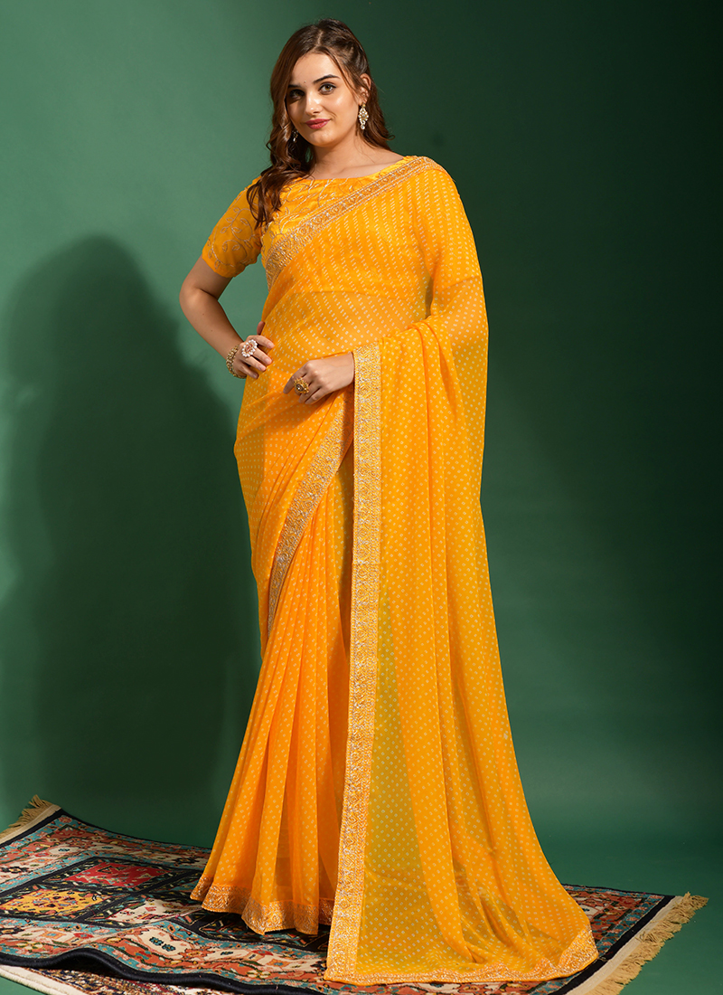 Yellow Bandhani Printed Chiffon Saree