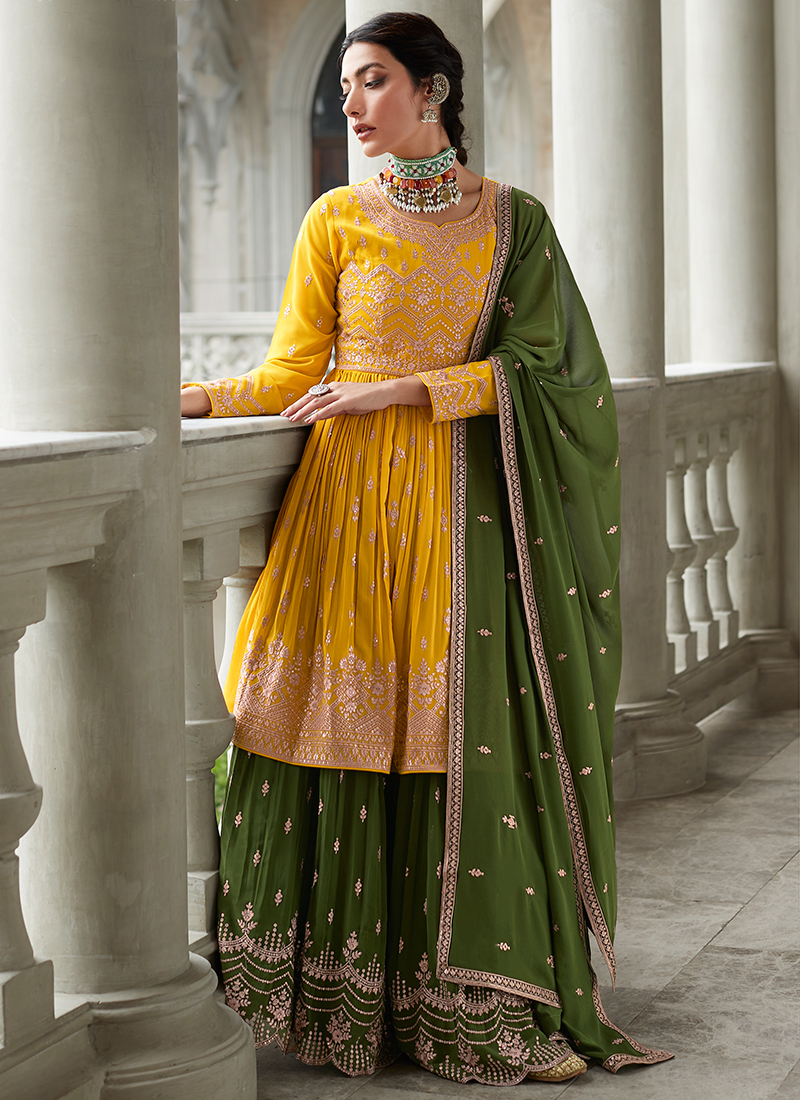 Rama and Yellow Color Combination Party Wear Gown :: MY SHOPPY LADIES WEAR