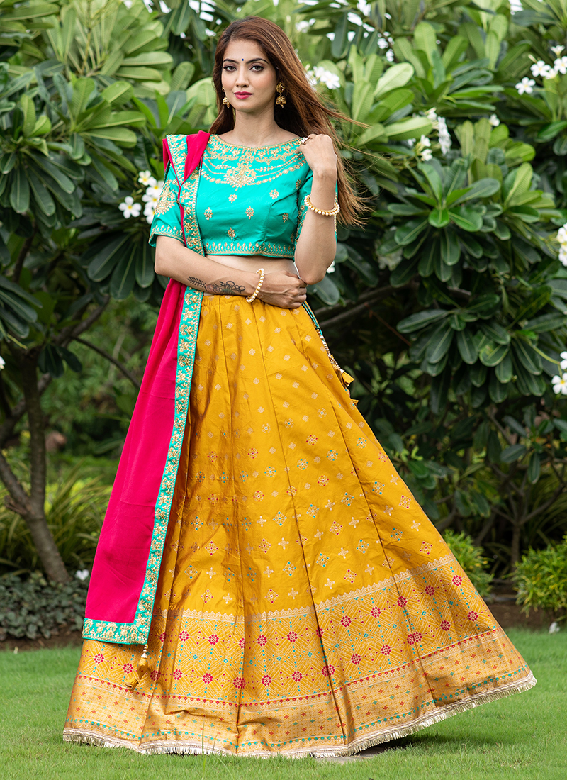 Yellow Sequinned Lehenga in Georgette with Bandhej Dupatta -...