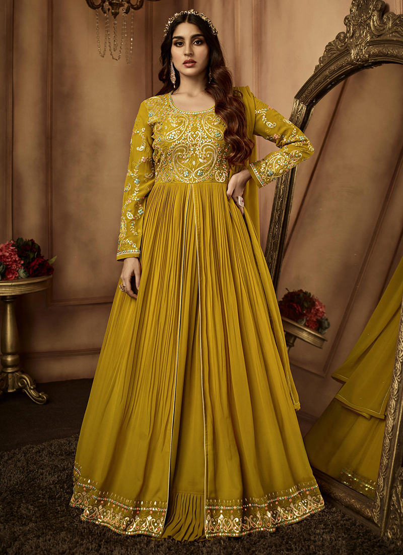 Yellow Faux Georgette Plain Gown With Dupatta - PinkSaree